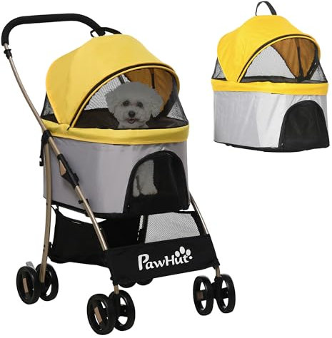PawHut Hundewagen, 2 in 1 Hundetrolley, Tragetasche, faltbarer Hundebuggy mit Kissen, Katzenwagen für kleine Hunde, Katzen, Katzenbuggy mit 4 Rädern, Netzfenster, Oxfordstoff, Gelb