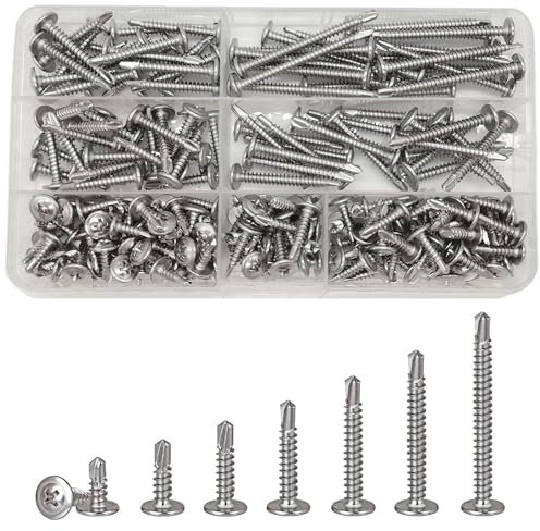 200 Pcs M4.2 Wafer Head Self Phillips Drilling Screws, Stainless Steel Round Head Self Drilling Screws for Metal, Truss Head Self Driller Assortment Kit(13-50mm)