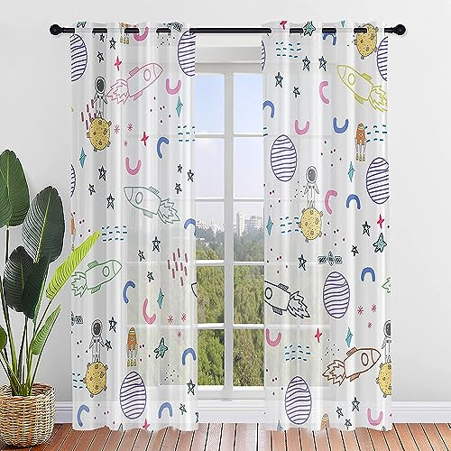 ENEN Tende per Interni Voile Semi Trasparenti, Tende Camera da Letto 2 Pezzi con Occhielli, Pianeta Spaziale 3D Moderne Tende a Vetro per Soggiorno Camera da Letto per Bambini (132x160cm,Spazio)