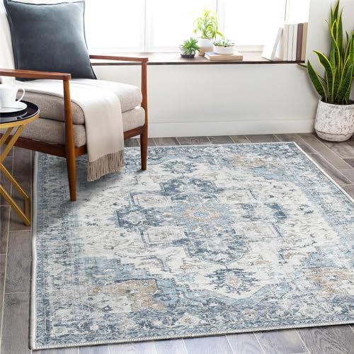 TOPICK Teppich Floral Faltbar Waschbar Superdünne Vintage Blumenteppich Kurzflor Orientalischer Küchenteppich für Innenbereich Schlafzimmer Wohnzimmer Esszimmer Büro Flur 150x210cm Blau
