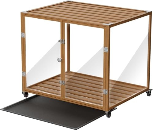Meuble Cage Chien Intérieur Transparent: 76x58.5x66.5cm Caisse pour Petit Chien en Verre Trempé avec Cadre en Alliage d'Aluminium sur Roulette - Cages Chiens avec 3 Porte et Plateau Amovible