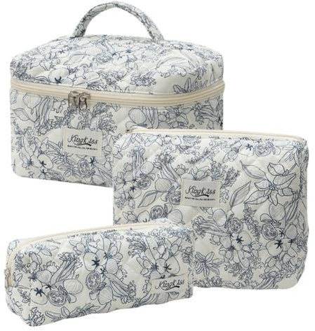 Starnearby Lot de 3 Trousse de Toilette Matelassée Femme en Coton Doux, Trousse de Maquillage Fleurie, Pochette de Rangement Maquillage, Trousse de Beauté, Trousse Cosmétique Voyage