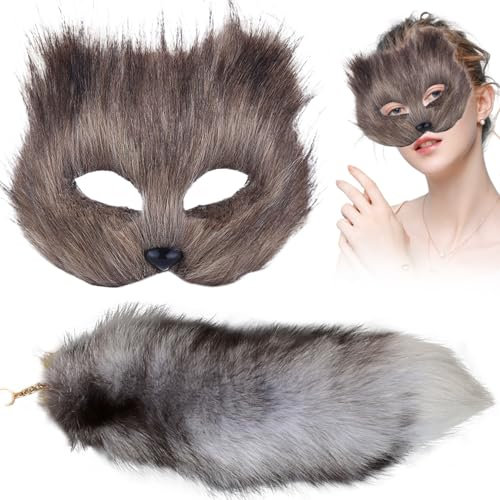 Pesoncarl Therian Maske, Fuchsmaske und Fuchsschwanz, weiche pelzige Maske und Fuchsschwanzschlüsselkette, realistischer Kunstpelz Tierschwanz für Handtaschen Rucksack Cosplay