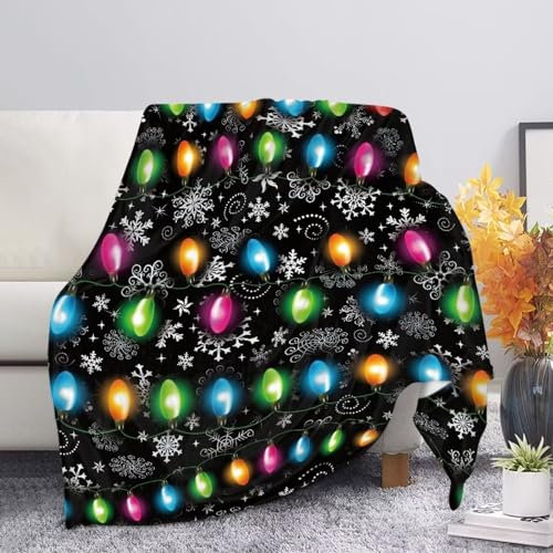 JUZGTSIT Weihnachtsdecke, bunte Lichter, Decke, weiches Flanell, Bettüberwurf, Weihnachtsdekoration, 125 x 150 cm