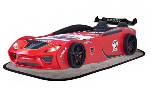 Coemo Vento Sport Autobett Rot im Rennwagen-Design Kinderbett 90x200 mit Lattenrost und Sportpaket Rücken- und Seitenpolster - Perfekt für kleine Rennfahrer - LxBxH 260 x 109 x 60 cm