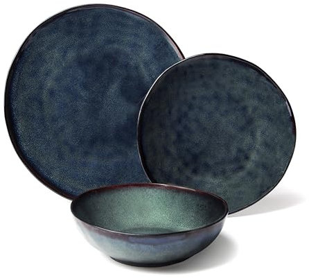 Excelsa Artisan Blu - Vajilla de 12 piezas de cerámica de gres azul oscuro con borde marrón