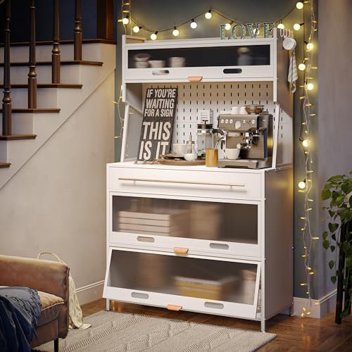 NETEL Alacena de Cocina Con Encimera, Mueble Almacenaje y Microondas, Armario Despensa, Mueble Cafetera, Estantería, Blanco, 100x42x168cm