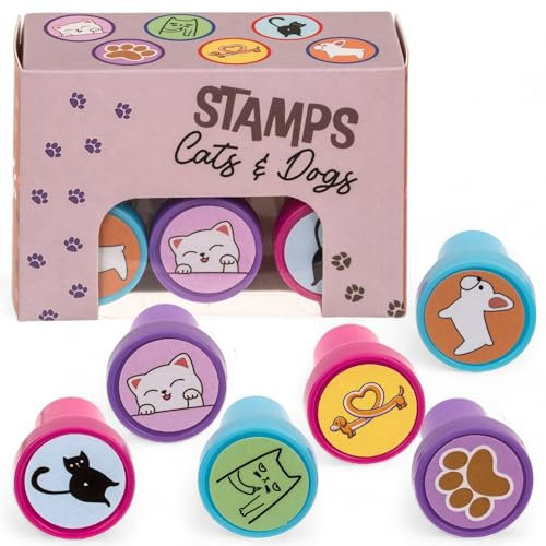 MIJOMA – Selbstfärbende Stempel Set für Kinder & Erwachsene – Perfekt für Basteln, DIY, Adventskalender, Mitgebsel & Mitbringsel – Bunter Stempelsatz - kreatives Gestalten (Katzen & Hunde, 6er Set)