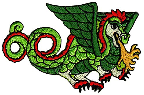 Drache Grün Feuerdrache Feuer Dragon Aufnäher zum aufbügeln oder aufnähen Bügelbild Aufbügler für Kleidung gestickter Bügelpatch Applikation Patch Größe 7,8 x 5,3 cm