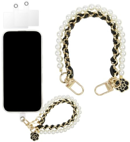 OFFCUP Handy-Armband, Handy Perlen Schlüsselband mit 2 Handy Patch, Handykette Perlen Leder Doppelkette Handyanhänger, Handy-Charm, Handy Lanyard, Handykette Handyband Handschlaufe