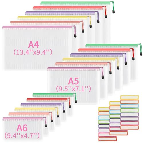 18 Stück Dokumententasche mit Reißverschluss,3 Größen Dokumententasche A4+A5+A6 Kunststoff Mesh Datei Taschen Dokumententasche für Schule, Zuhause, Büro, Reisen, Kosmetika (6 Farben)
