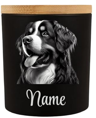 Girahlutions Leckerliglas | Kerzenglas Deco Glas Lichtglass Teelichtglas Matt Schwarz 400ml mit Bambusdeckel | Gravur Hunderasse Hund mit Name Personalisiert (Berner Sennenhund)