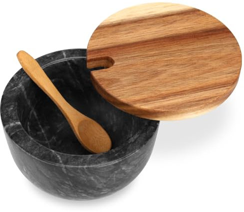 Salzdose Marmor mit Holzdeckel und Löffel Salz- oder Pfefferstreuerschale aus Stein, Salzstreuer, Salzbehälter Gewürzbehälter, Behälter, Behälterhalter, Behälter für die Küche (Schwarze Schüssel)