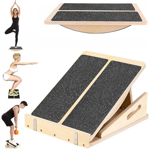 Jinsihou 2-in-1 Wooden Balance Board & Slant Board, Rutschfest Waden & Kniesehnen Strecker, Einstellbare Rampe Wadendehner Kniekeil Fußstütze Mobilisationskeil für Dehnen der Sehnen, Muskeln & Faszien