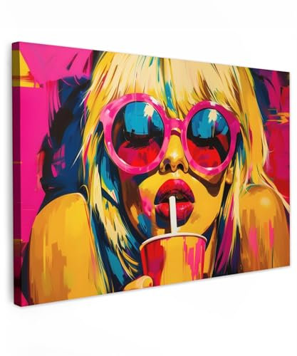 MuchoWow© Wandbilder Groß 120x80 cm XXL Wohnzimmer Wanddeko Schlafzimmer Zimmerdeko Wandgemälde Zimmer Deko auf Wand Dekoration Wall Art Sonnenbrille - Rosa - Frau - Strohhalm