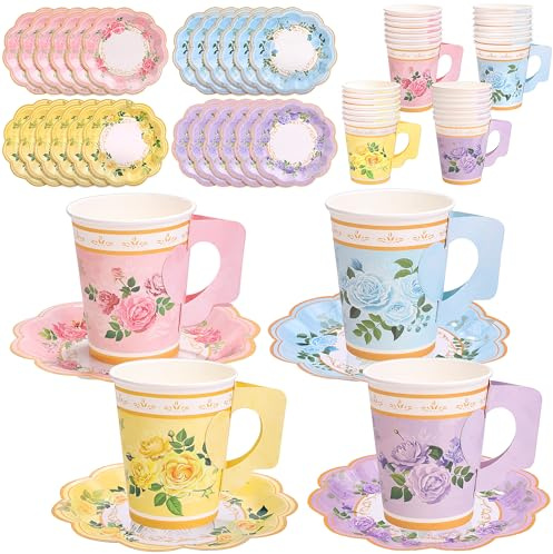 Vivantia Set di 48 tazze da tè e piattini floreali da 255 ml, in carta vintage, con manici e piatti da 15 cm, tazze da tè e piattini usa e getta, set da 24 per compleanni, matrimoni, baby shower