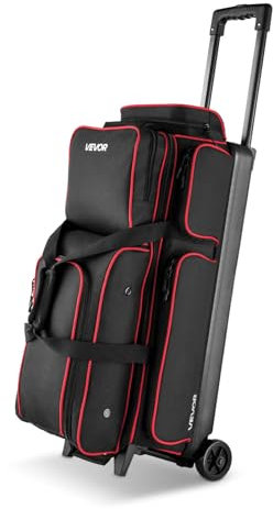 VEVOR Bowling Ball Bag, 3 Ball Double Roller Bowling Bag with Wheels, Featuring a Separate Compartment for Shoes (Up To US Size 16) & Oversized Accessory Pocket, Retractable Handle Extends to 41.34 in