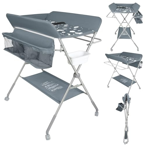 homewell Wickeltisch, Baby Wickelkombi Faltbar Tragbar, Höhenverstellbar, Klappbare Wickelkommode mit Aufbewahrungskorb und 4 Rollen, Platzsparend & Stabil (Dunkelgrau)
