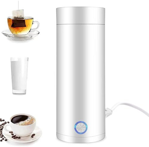 BEOSIOR Portable Travel Kettle, 400ML Small Electric Heating Cup, Fast Boil and Auto Shut Off Mug Tea, Coffee, Baby Milk, Stainless Steel Kettle (White)