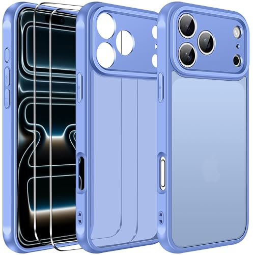 ivoler Clear Case Compatible with iPhone 17 Pro 6.3 inch, 1 Phone Case + 2 Tempered Glass Screen Protector, Non-Yellowing Military Shockproof Slim Phone Case Cover - Light Blue