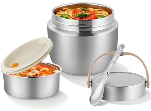 Thermos per Alimenti per Adulti da 1,2 Litri, Contenitore Termico in Acciaio Inossidabile con Cucchiaio e Manico, Bocca Larga, Isolamento Sottovuoto per Alimenti Caldi per Bambini e Adulti (Argento)