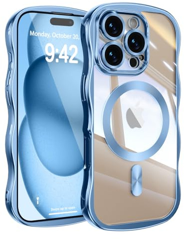 UEEBAI for iPhone 16 Pro Max Case, Cute Wave Translucent Frame Magnetic Phone Case Compatible with Magsafe Full Camera Protection Cover Soft Electroplated Phone Cover for Women Girls - Blue