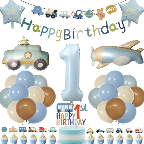 Deko 1. Geburtstag Junge Autos - 40 Stück Deko für Baby Kinder | Autothema Deko mit Banner Bagger Girlande und Flugzeugballons für 1 Jahr