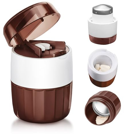 Pill Crusher for Tabletswith Stainless Steel Grinder Blade & Pill Organizer | cuts, grinds, stores pills, V-shaped blade, precise splitting, twist-to-grind, travel friendly for family, elderly, pet use