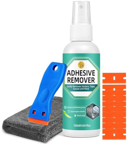 Spray Rimuovi Colla 120ml, potente rimuovi colla e sciogli silicone con raschietto e panno, adesivo rimuovi silicone elimina etichette, nastro, adesivi da vetro, plastica, auto, tappeti