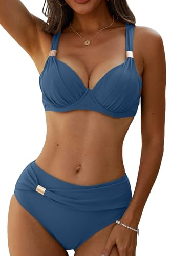 Yutdeng Women Two Piece Bathing Suits Underwire Push Up Bikini Set with Removable Pads High Waisted Swimsuit Vintage Swimwear Tummy Control Swimming Costume