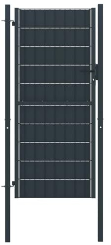 Runheo Puerta de jardín de PVC y acero, 100 x 204 cm, color antracita con cerradura, postes y bisagras, con cerradura, protección visual y seguridad para jardín, patio, entrada y terreno