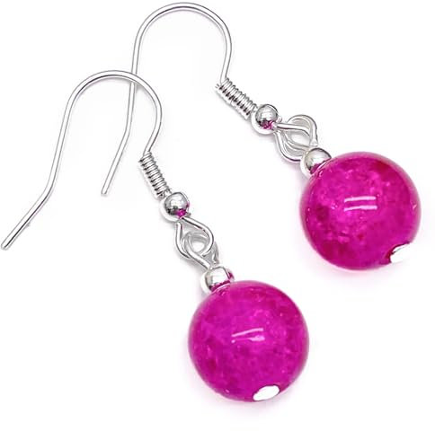 Hot Pink Crackle Glass Bead Earrings, 10mm Round Fuschia Beads on Nickel Free Silver Tone Hooks : 35mm long, Colourful Beaded Gift for Women