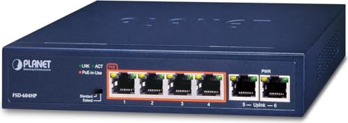 Planet 4-Port 10/100TX 802.3at POE + 2-Port 10/100TX Desktop, W125970267 (2-Port 10/100TX Desktop Switch (60W POE Budget, 250m Extend Mode, fanless, internal Power Supply))