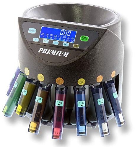Monepass Europe – Euro Münzzähler/Münzsortierer – Premium Edition – Geldzählmaschine 300 Münzen/Min. Münzrollen-Adapterset enthalten. 2 Jahre Garantie. Ref MP355TBD