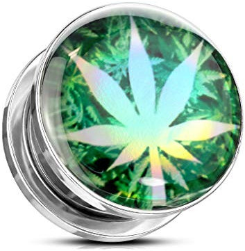 beyoutifulthings Ohr-Tunnel Hanf-Blatt Hologram Grün Silber Ohr-Piercing Edelstahl Ohr-Schmuck Screw Fit Flesh Plug Schraub-Verschluss 10mm