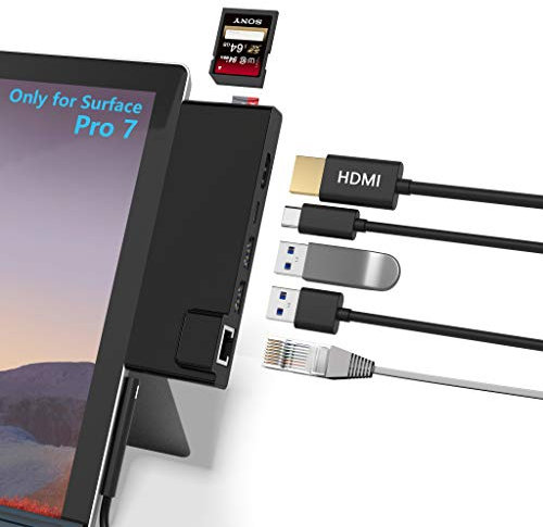 Surface Pro 7 Hub Docking Station mit 4K HDMI Adapter + RJ45 Ethernet-LAN + USB-C-PD-Aufladung +2-Port USB 3.0 + SD/TF-Kartenleseadapter für Microsoft Surface Pro 7