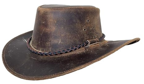 Lederhut Cowboyhut Australien Style Westernhut Herren Damen- Outdoor Hut aus Leder mit Kinnriemen ca. 7cm bis 7,5cm breite Krempe - Verschiedene Variationen