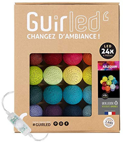 GuirLED - LED - Lichterkette mit Kugeln aus Baumwolle mit USB – Nachtlicht für Babys 2 Stunden – Netzadapter mit 2 A USB 2 A im Lieferumfang enthalten – 3 Intensitäten – 24 Kugeln 2.4m – Harlekin