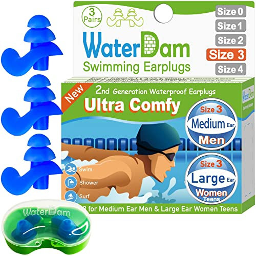 WaterDam Schwimm-Ohrstöpsel, wasserdicht, ultra-bequem, verhindern Schwimmerohren, Größe 3+3+3: mittlere Ohren, für Herren und große Ohren, BlauBlauBlau