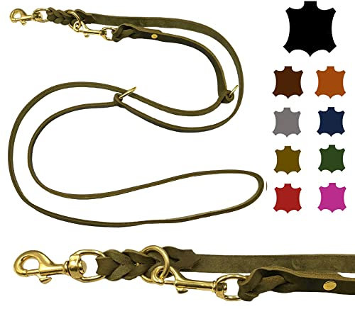 Hundeleine Fettleder Messing kleine Hunde/große Hunde 2m / 2,40m / 2,80m / 3,50m / 5m Doppelleine verstellbar (2,80m X 12mm, Olivegrün)