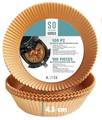So Homey - Carta Forno per Friggitrice Ad Aria Antiaderente (100Pcs - 16Cm), Accessori friggitrice ad aria, carta tonda Monouso, Carta per Friggitrice ad Aria Impermeabile e Resistente fino a 220 °C