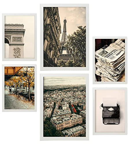 Nacnic Satz von 6 Bilder Vintage Paris. Ästhetische Wandkunstdrucke für Schlafzimmer oder Wohnzimmerdesign. Größen A3 & A4. Mit weißer Rahmen.
