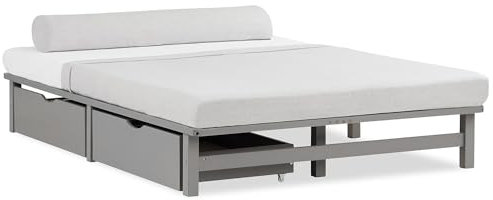 Homestyle4u Holzbett Palettenbett 140x200 cm 2 Schubladen Bettgestell mit Lattenrost Grau Kiefer Massivholz