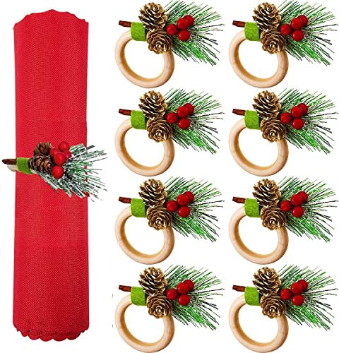 KAHEIGN 8Pcs Weihnachten ServiettenRinges Holz Serviettenhalter mit Tannenzapfen, Beeren, Schneeflocken Serviettenhalter für Weihnachten, WeihnachtsserviettenRinges Halter für Party Tischdekoration
