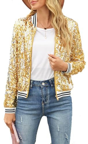 ACEFAST INC Women's Shiny Sparkle Sequins Long Sleeve Zip Blazer Halloween Party Bomber Jacket, Gold, M