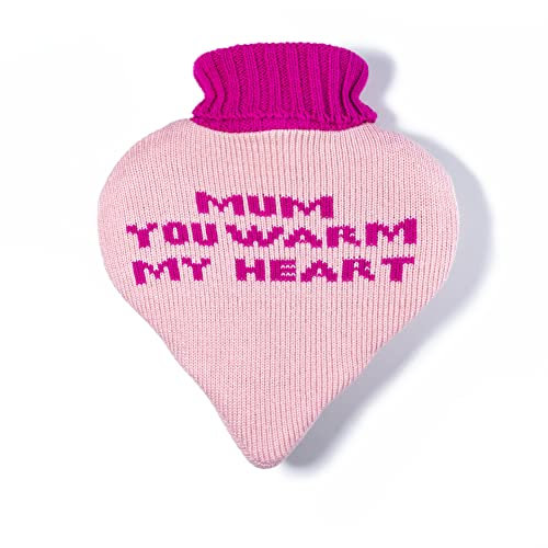 1L Hot Water Bottle with Mum Heart Cover - Natural Rubber 1 Litre Hot Water Bottle - Perfect Hot Water Bag for Pain Relief, Hand Feet Warmer and Cold Compress (Mum You Warm My Heart)