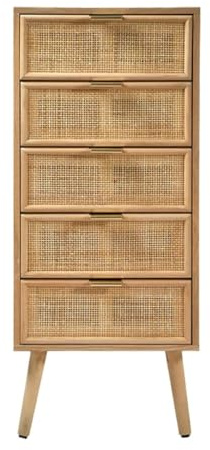 CALICOSY - Kommode mit 5 Schubladen Rattanfront - Holzoptik - FSC Spanplatten - Füße aus massivem Kiefernholz - Platzsparend - Schlafzimmer oder Ankleidezimmer - B 36,5 x T 42 x H 100,5 cm