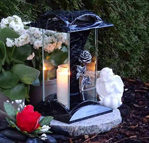 Grabschmuck-Set Grablampe Rose mit Sockel und Engel Grablicht Grablaterne Kerzen Granitsockel Grableuchte Herz Grabschmuck Lampe Laterne Trauer Liebe Friedhof Garten