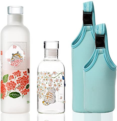 TDN Bouteille d'eau en verre borosilicate, 500ml+300ml, Réutilisable, Bouteille d'eau étanche avec couvercle sans BPA, Compatible Lave-Vaisselle, Pour gym, Bureau, Boissons chaudes et froides (Chats)