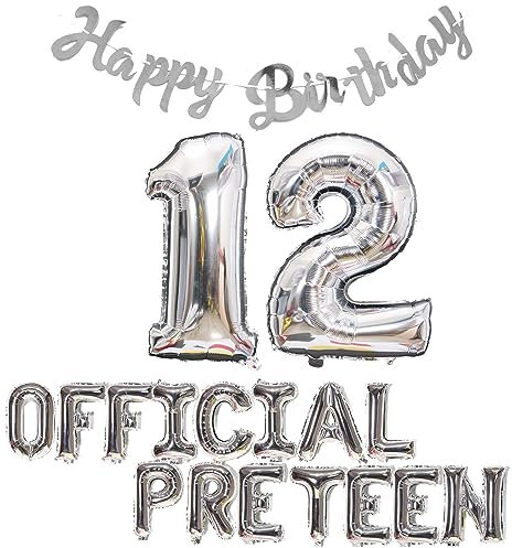 12. Geburtstag Dekorationen für Jungen Mädchen, Offizielle Pre-Teen 12. Geburtstag Ballon Birthday Banner Nummer 12 Geburtstags Folienballons für 12 Jahre Geburtstag Jungen Mädchen (Silber)